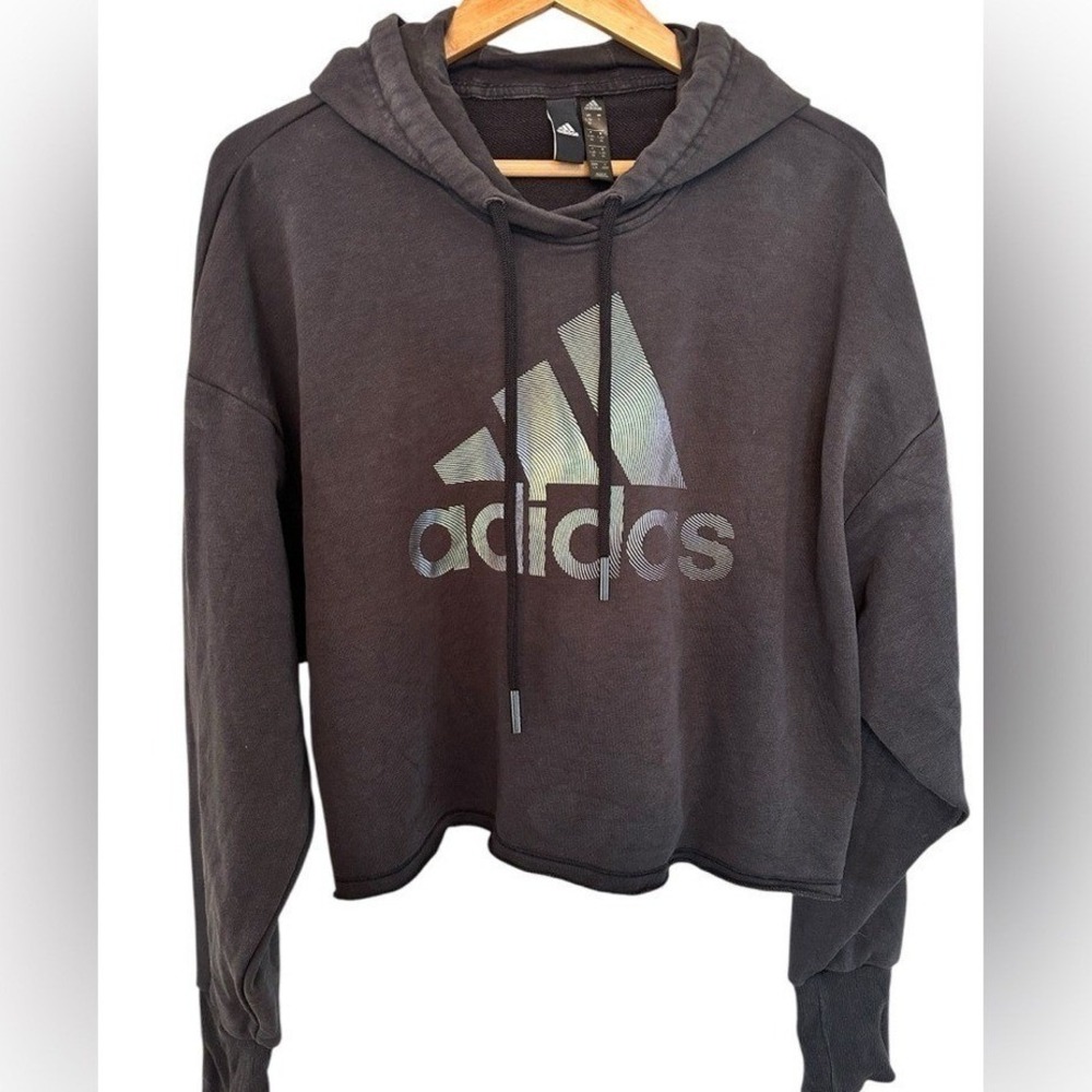 Adidas Cropped Hoodie Women Large Black Iridescent Logo Raw Hem GU8891 Excellent
